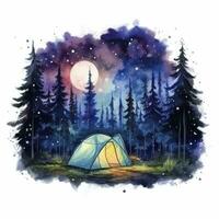 ai genererad en camping tält i de skog med natt himmel, vattenfärg för t-shirt design. ai genererad foto