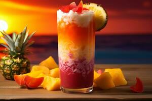 ai genererad Foto av en uppfriskande frukt smoothie med vibrerande skikten och en tropisk vrida. generativ ai