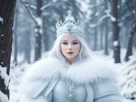 ai genererad snö drottning med krona i snö i vinter- skog ai generera foto