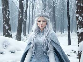 ai genererad snö drottning med krona i snö i vinter- skog ai generera foto