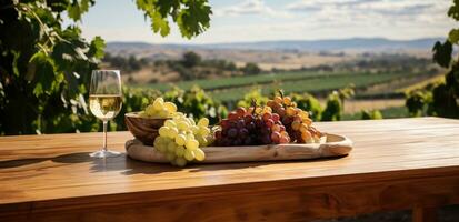 ai genererad en tabell med vin och vindruvor Sammanträde i främre av vingård foto