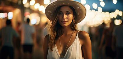ai genererad en flicka i en vit blus och hatt promenader längs en gata foto
