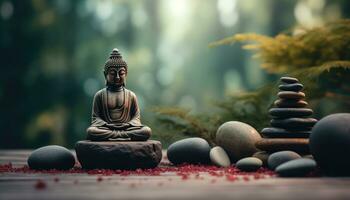 ai genererad en buddha i meditation med en sten Sammanträde i de bakgrund foto