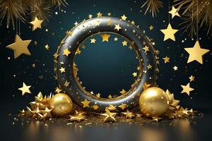 ai genererad Lycklig ny år bakgrund med gyllene stjärnor och dekorationer foto