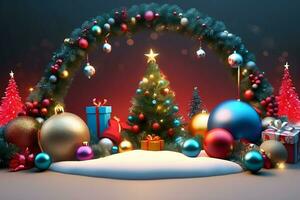 ai genererad realistisk glad jul och Lycklig ny år firande bakgrund med jordklot, noel, nativitet, glitter, gåva låda, vinter- säsong foto