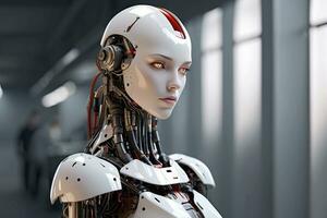 ai genererad ai kvinna cyborg trogen teknologi artificiell intelligens flicka illustration. foto