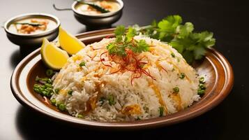 ai genererad en tallrik av ris med grönsaker och en citron- kil foto