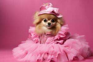 ai genererad söt liten chihuahua i rosa tutu på rosa bakgrund, förtjusande hund i en rosa barbie kostym, ai genererad foto