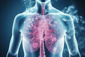 ai genererad mänsklig kropp med lungor i röntgen se, 3d tolkning, en manlig lunga cancer biopsi respiratorisk systemet i röntgen, ai genererad foto