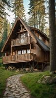 ai genererad rustik reträtt trä- hus i harmoni med natur foto