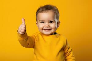 ai genererad porträtt av en leende bebis pojke som visar tummen upp över gul bakgrund, en litet barn ger en tummen upp på gul bakgrund, ai genererad foto