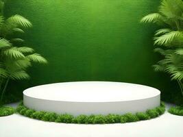 ai genererad tömma runda sten podium för produkt visa på grön lövverk bakgrund ai generera foto