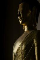 porträtt av en gyllene buddha staty i de mörk rum foto