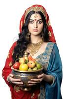 ai genererad en ung kvinna, bär en traditionell indisk klänning, innehav en skål i henne händer. de skål är fylld med en mängd av frukter, Inklusive äpplen och apelsiner. foto