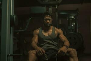 ai genererad en ung man med stor muskler Sammanträde på en vikt bänk i en Gym. foto