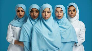 sex kvinnor bär traditionell muslim dräkt, sådan som burkas eller hijab, stående tillsammans som en grupp. de kvinnor dyka upp olika i deras klädsel, visa upp de variationer i islamic Kläder. de är anordnad i en linje, med varje kvinna lite överlappande t foto