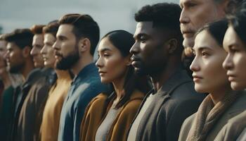 ai genererad grupp av multietnisk människor stående i en rad foto