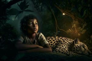 ai genererad mörk djungel natur med pojke och leopard. generera ai foto