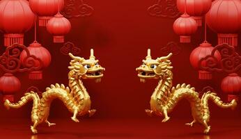 3d framställa för Lycklig kinesisk ny år 2024 av gyllene drake zodiaken med lyktor och moln på röd bakgrund. foto