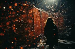ai genererad en flicka i en täcka promenader genom de vinter- skog på natt. snöfall. foto