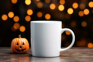ai genererad kopp av kaffe och pumpa på tabell mot suddig lampor, halloween begrepp foto