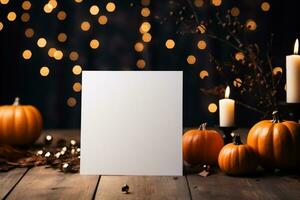 ai genererad halloween kort attrapp med pumpor och ljus på trä- tabell foto