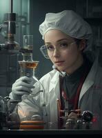 ai genererad attraktiv blond forskare arbetssätt i laboratorium. vetenskap, kemi och teknologi. foto