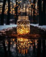ai genererad jul lampor i en glas burk på de bakgrund av en vinter- skog foto