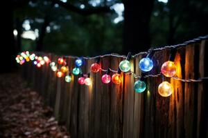ai genererad färgrik jul lampor krans på trä- staket på natt foto