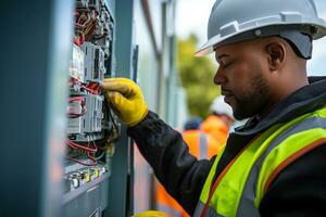 ai genererad de ingenjör, klädd i en hjälm, flitigt Arbetar på elektrisk underhåll, med de elektriker och tekniker kontroll Utrustning en skicklig reparatör säkerställa foto