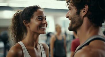 ai genererad tre vänner leende för en Foto på en Gym