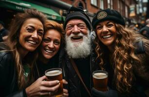 ai genererad tre par innehav en öl och leende på st patricks dag foto