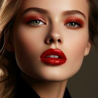 ai genererad en närbild av en kvinnas ansikte med perfekt applicerad röd läppstift. foto