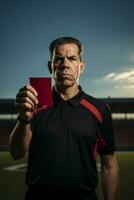 ai genererad en halv kropp porträtt av en fotboll domare strängt visning en röd kort foto