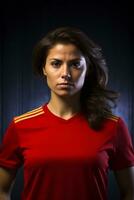 ai genererad spanska kvinna fotboll spelare i en slående fotografera foto