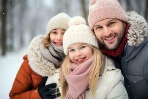 ai genererad mysigt familj, glad snögubbe byggnad, rosig kinder, och snöig lekfullhet foto