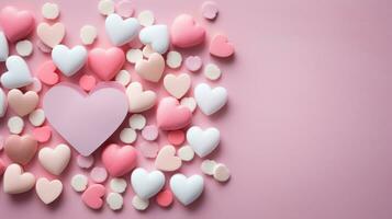 ai genererad årgång vykort med hjärtformade godis på pastell rosa bakgrund foto