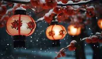 ai genererad lyktor på en träd på natt med snö foto