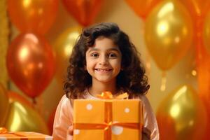 ai genererad barn leende med gåva lådor och ballonger på de golv foto