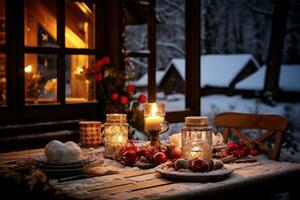 ai genererad mysigt middag, rustik dekor, ljus, och de glädje av festlig vinter- smaker foto
