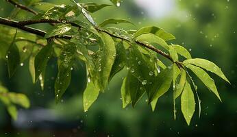 ai genererad ett bild av en träd med regn droppar och grön löv foto