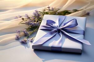 ai genererad små gåva låda med violett band och blommor. generativ ai foto