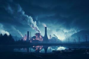 ai genererad enorm fabrik i dimma. industriell växt förorenande de atmosfär. industri landskap. generativ ai foto