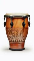 ai genererad handsnidade bongo trumma på en vit bakgrund. traditionell percussion musikalisk instrument av afro-kubanska och latin amerikan kultur. perfekt för musikalisk teman, rytm begrepp foto