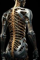ai genererad illustration av man skelett anatomi på mörk bakgrund. skelett- systemet. mänsklig kropp ben strukturera. idealisk för läroböcker, medicinsk presentationer, pedagogisk innehåll, medicinsk broschyrer foto