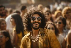 ai genererad en man i solglasögon på en festival leende ner på dem foto