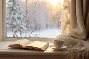 ai genererad vinter- estetisk morgon, värma stickar, bok, och en fönster se av snöig landskap foto