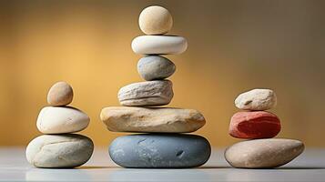 ai genererad meditation sten stack balans stenar för lugn och mindfulness enkel harmoni fem stenar på vit bakgrund för lugn sten röse för fredlig wellness bakgrund foto
