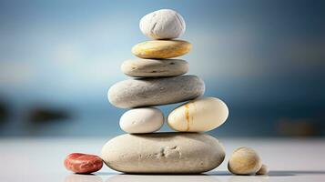 ai genererad meditation sten stack balans stenar för lugn och mindfulness enkel harmoni fem stenar på vit bakgrund för lugn sten röse för fredlig wellness bakgrund foto
