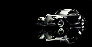 ai genererad klassisk retro bil på natt med reflektioner på mörk bakgrund foto